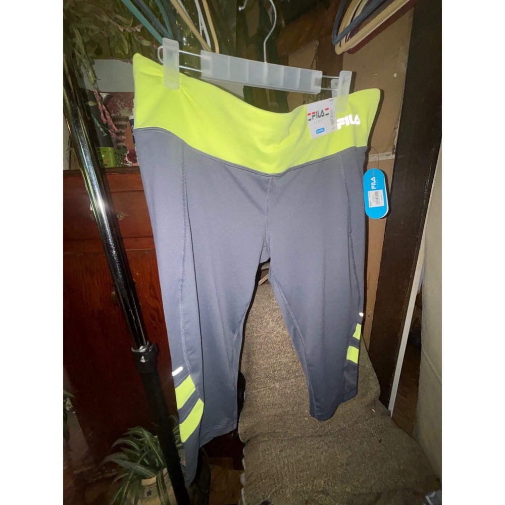 Fila Sport Running Leggings Grey Neon Lime Green Cropped Reflective L New